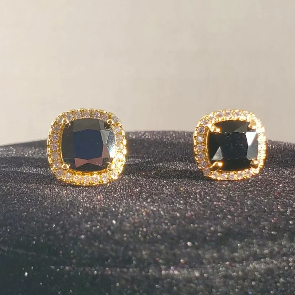 Mens 2ct Black Diamond 14K Gold Square Stud Earrings Studs Stamped Jewelry 2 ct